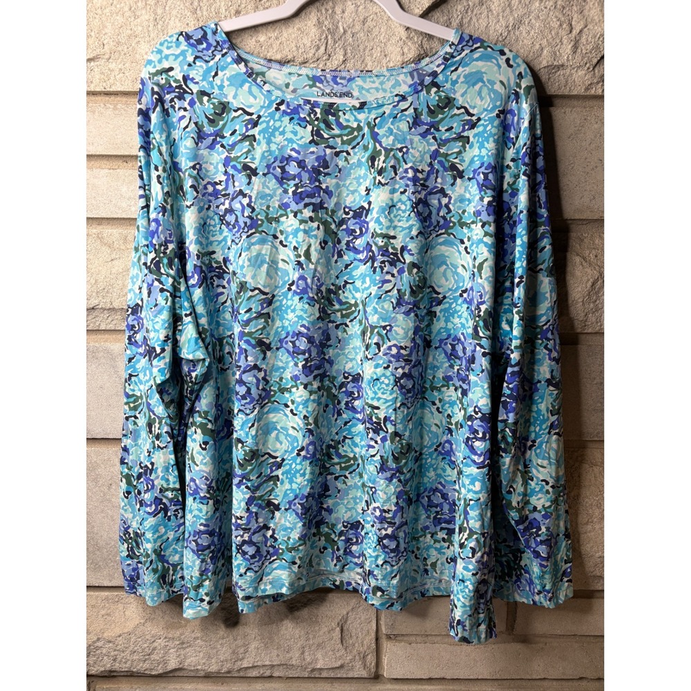Lands End Womens 3X 24W-26W Blue Floral Long Sleeve Crewneck Stretch Top